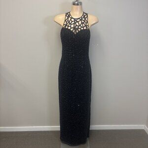 Vintage Scala Dress Medium Blue Silk Beaded Sleeveless Cutout Maxi Gown Formal